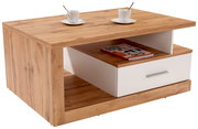Moderner Couchtisch aus Holz mit weißer Schublade, zwei Tassen und einem Magazin, seitliche Perspektive