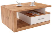 Moderner Couchtisch aus Holz mit weißer Schublade, zwei Tassen und einem Magazin, seitliche Perspektive