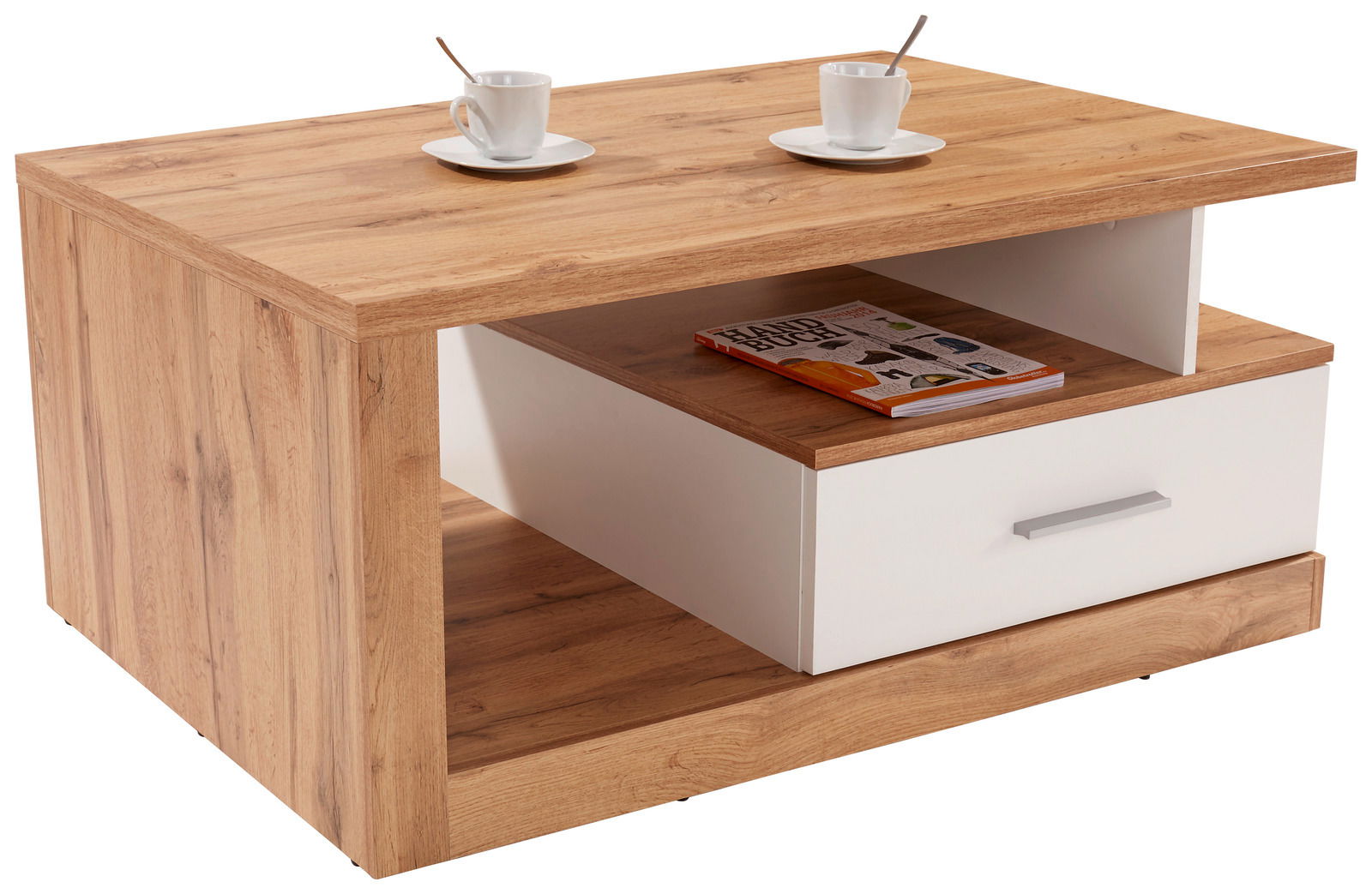 Moderner Couchtisch aus Holz mit weißer Schublade, zwei Tassen und einem Magazin, seitliche Perspektive