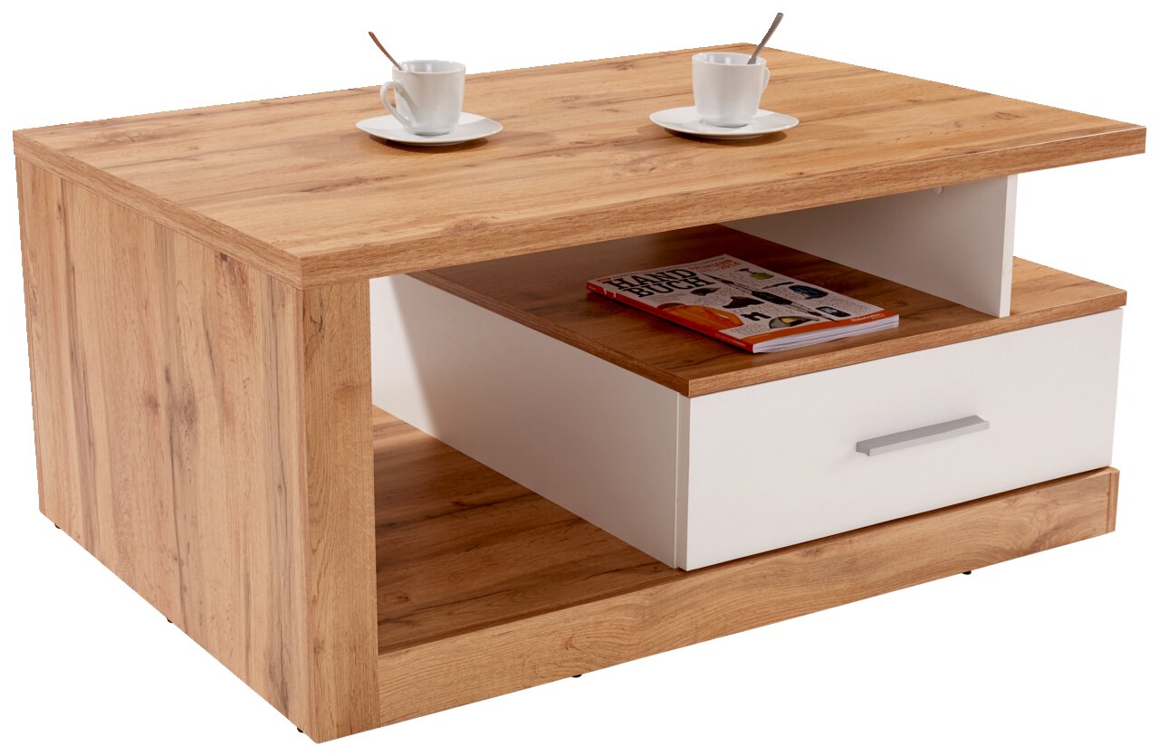 Moderner Couchtisch aus Holz mit weißer Schublade, zwei Tassen und einem Magazin, seitliche Perspektive