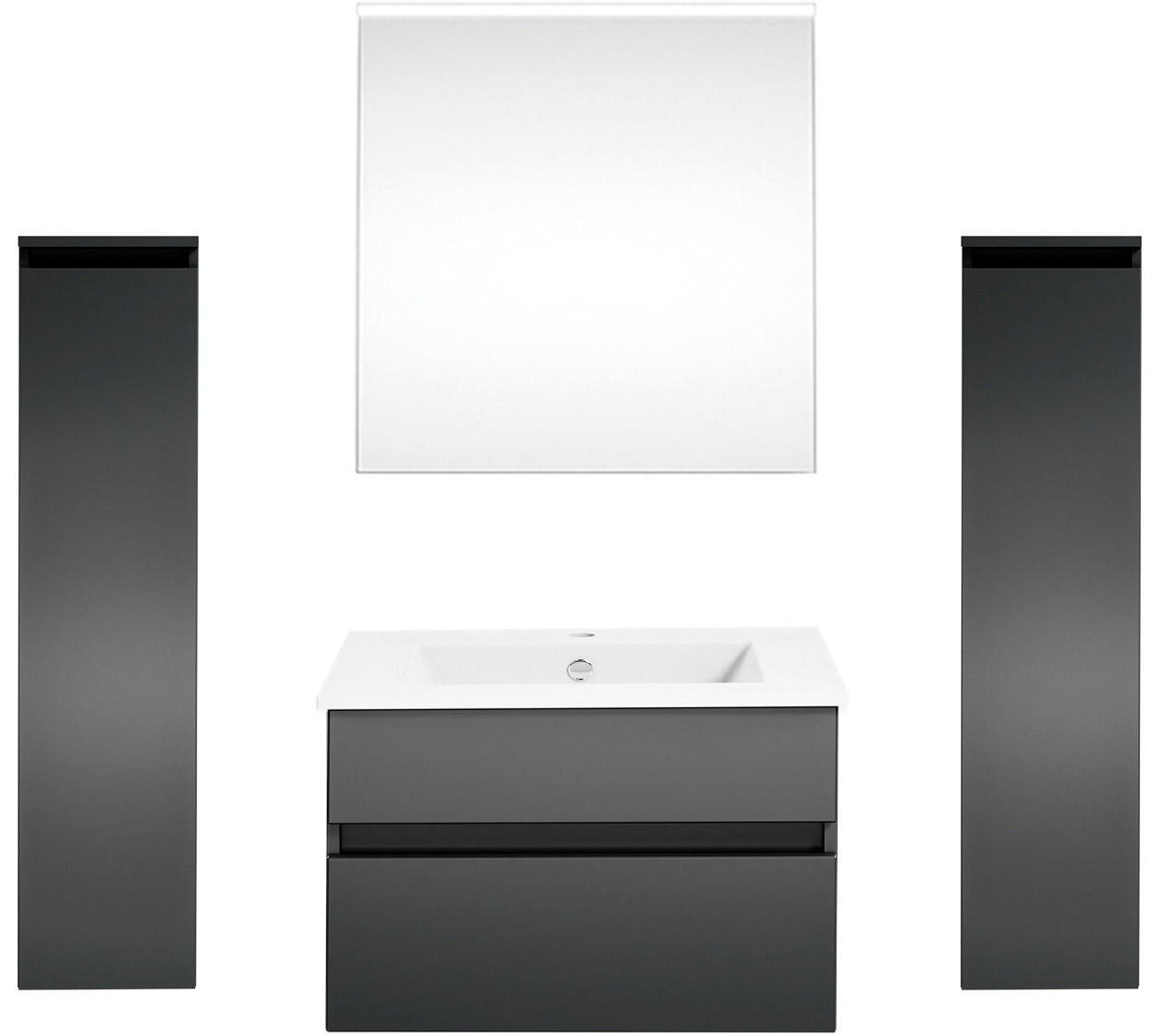 Puris Badkombination GET2YOU 21 Moderne Badkombination mit zwei hohen, schwarzen Schränken, einem weißen Waschbecken mit Unterschrank und einem großen Spiegel, frontal betrachtet.