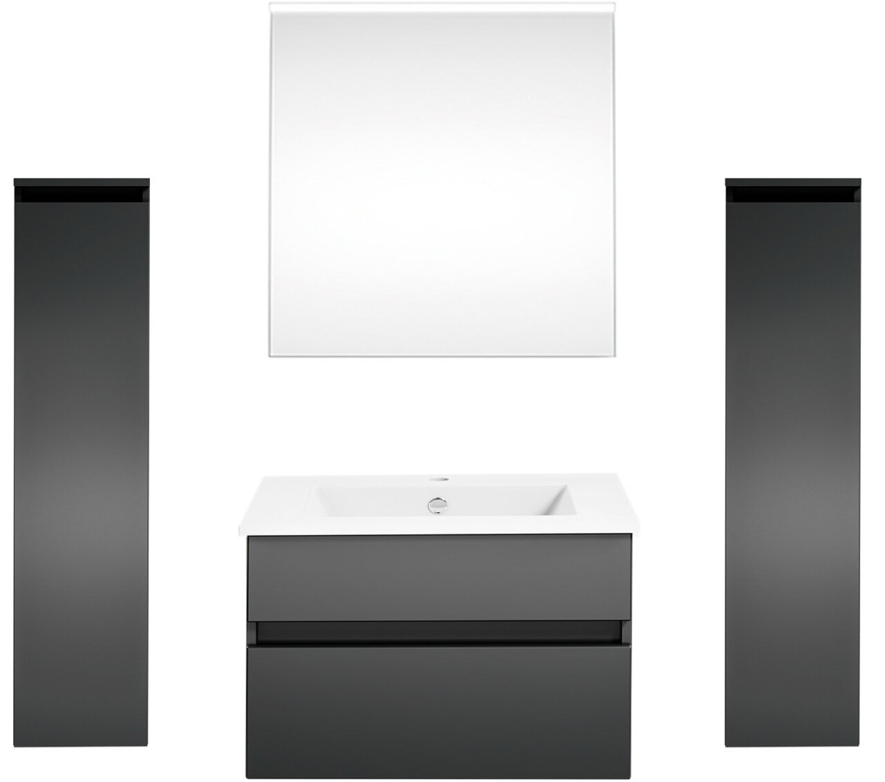 Puris Badkombination GET2YOU 21 Moderne Badkombination mit zwei hohen, schwarzen Schränken, einem weißen Waschbecken mit Unterschrank und einem großen Spiegel, frontal betrachtet.