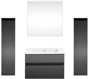 Moderne Badkombination mit zwei hohen, schwarzen Schränken, einem weißen Waschbecken mit Unterschrank und einem großen Spiegel, frontal betrachtet.