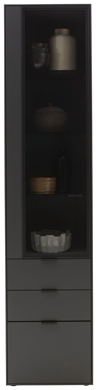 Moderne schwarze Vitrine mit Glasfront, gefüllt mit dekorativen Objekten, frontal betrachtet.