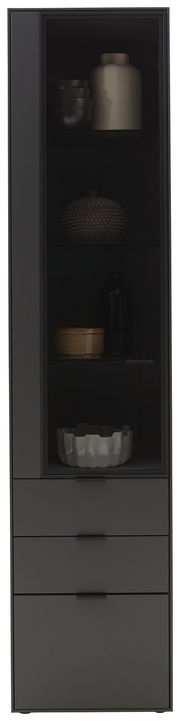 Moderne schwarze Vitrine mit Glasfront, gefüllt mit dekorativen Objekten, frontal betrachtet.