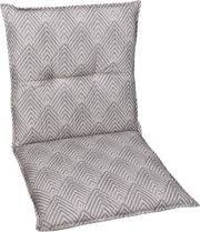 Graues Sitzkissen mit hoher Rückenlehne und geometrischem Rautenmuster, frontal in leichter Schrägansicht von vorn auf weißem Hintergrund