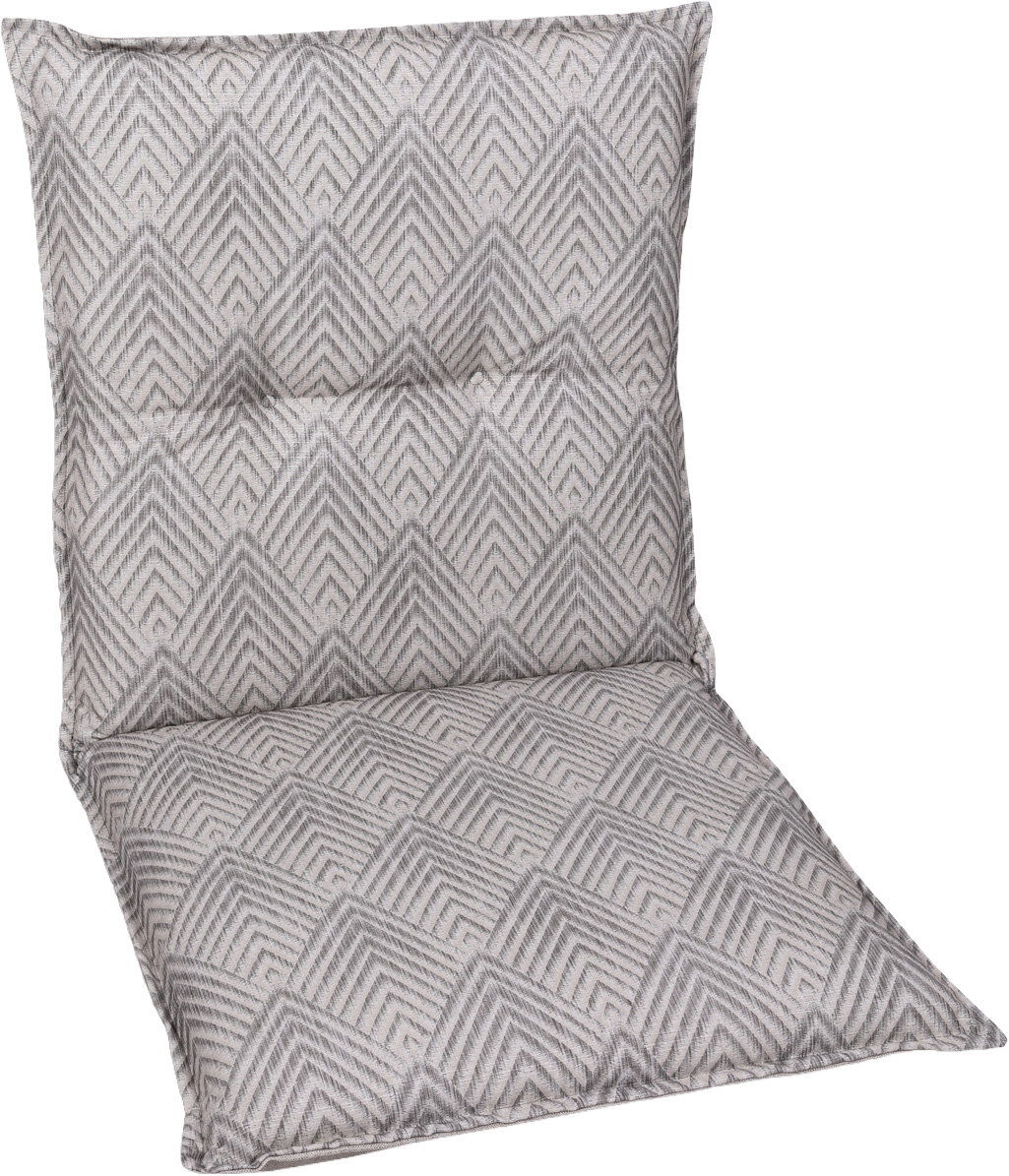 Graues Sitzkissen mit hoher Rückenlehne und geometrischem Rautenmuster, frontal in leichter Schrägansicht von vorn auf weißem Hintergrund