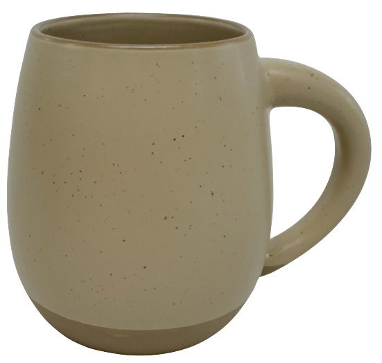 Beigefarbener Kaffeebecher mit Henkel, seitliche Perspektive