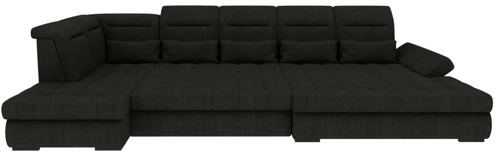 Schwarzes, modernes U-förmiges Stoff-Wohnlandschaftsofa mit gepolsterten Rückenlehnen, breiten Armlehnen und zwei Ottomane-Elementen, frontal in leichter Schrägansicht von vorn auf weißem Hintergrund.