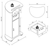Technische Strichzeichnung eines rollbaren Podests/Servierwagens mit abgerundeter Ablagefläche und integriertem Schubfach, Maße ca. 560 x 400 mm, Seitenansicht in perspektivischer Darstellung