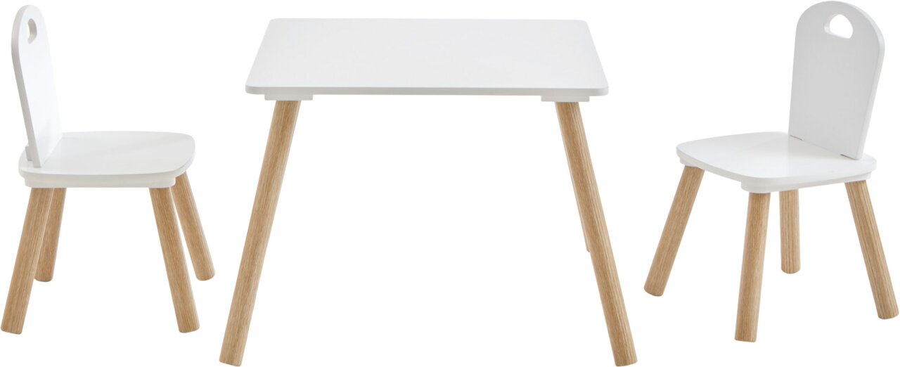 Weißes Kinder-Tischset mit rechteckigem Tisch und zwei passenden Stühlen, Holzbeine in Naturoptik, Frontansicht