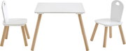 Weißes Kinder-Tischset mit rechteckigem Tisch und zwei passenden Stühlen, Holzbeine in Naturoptik, Frontansicht