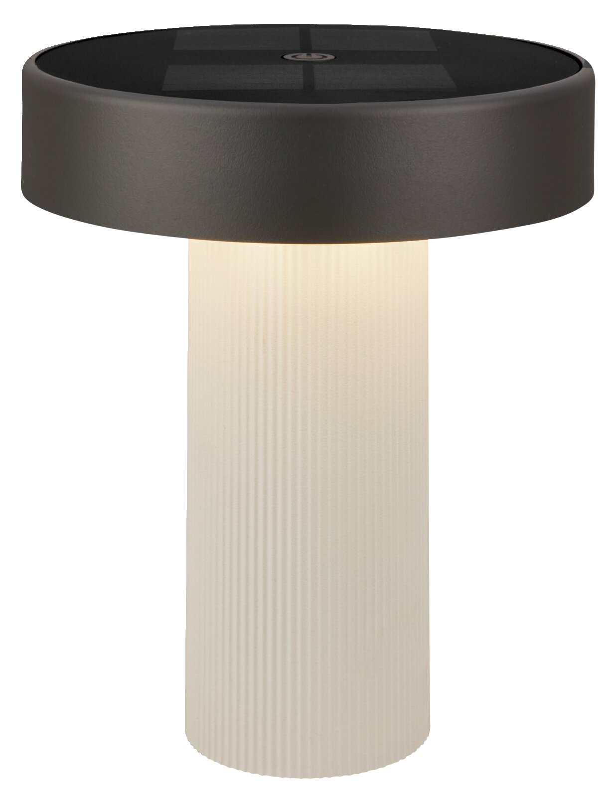 Schwarze Solar-LED-Tischleuchte mit geriffeltem, cremefarbenem Diffusor und Touch-Schalter oben, freigestellt auf weißem Hintergrund, Frontansicht leicht von oben