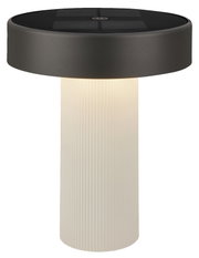 Schwarze Solar-LED-Tischleuchte mit geriffeltem, cremefarbenem Diffusor und Touch-Schalter oben, freigestellt auf weißem Hintergrund, Frontansicht leicht von oben