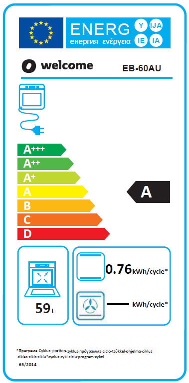 Energieeffizienzlabel für einen Backofen mit der Energieklasse A, einem Energieverbrauch von 0,76 kWh pro Zyklus und einem Fassungsvermögen von 59 Litern. Frontalansicht.