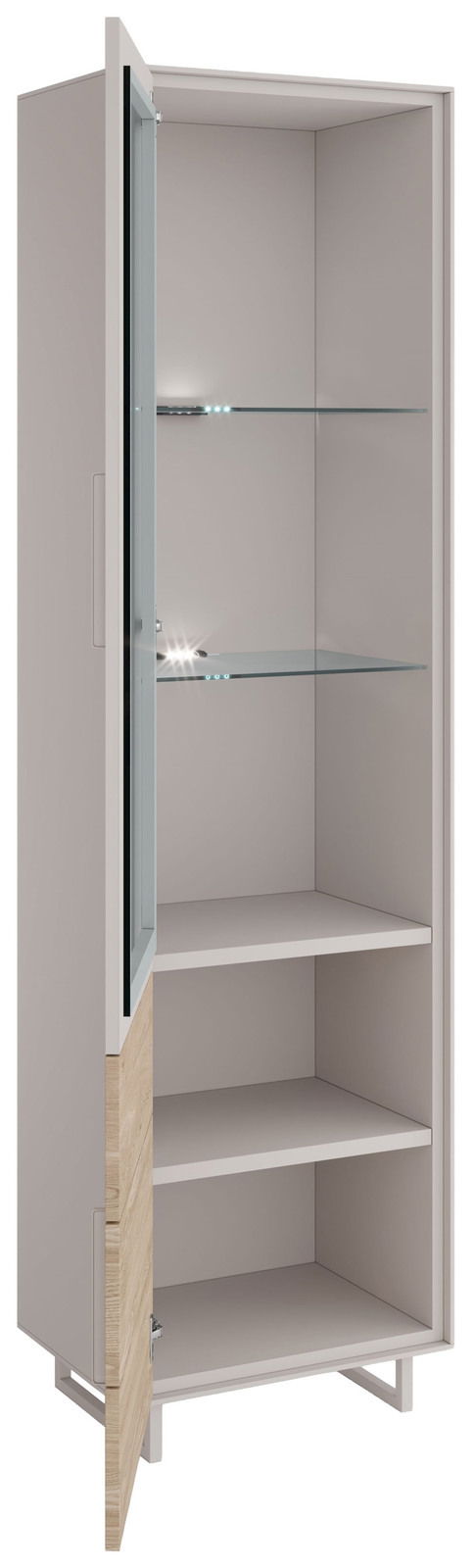 Vitrine mit Glastüren und Holzdetails, seitliche Perspektive