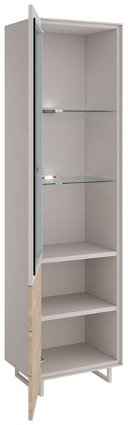 Vitrine mit Glastüren und Holzdetails, seitliche Perspektive