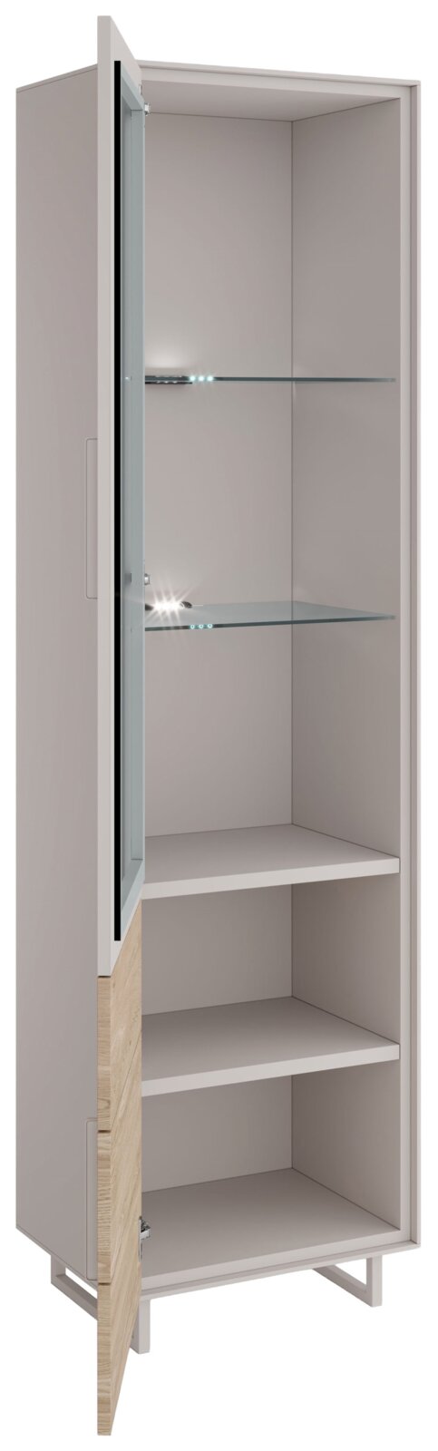 Vitrine mit Glastüren und Holzdetails, seitliche Perspektive