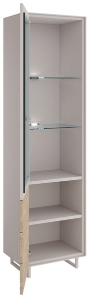 Vitrine mit Glastüren und Holzdetails, seitliche Perspektive