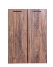 Frontansicht eines zweitürigen Holzschranks mit natürlicher Holzmaserung und schwarzen Griffen.