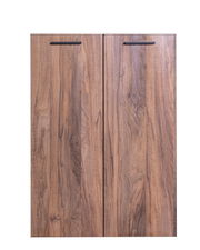 Frontansicht eines zweitürigen Holzschranks mit natürlicher Holzmaserung und schwarzen Griffen.