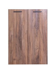 Frontansicht eines zweitürigen Holzschranks mit natürlicher Holzmaserung und schwarzen Griffen.