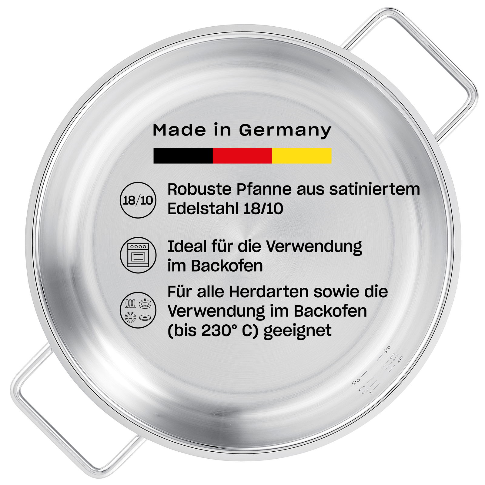 Servierpfanne aus satiniertem Edelstahl 18/10, Made in Germany, geeignet für alle Herdarten und Backofen bis 230°C, Draufsicht.