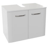 Weißer Waschbeckenunterschrank mit zwei Türen und silbernen Griffen, Vorderansicht