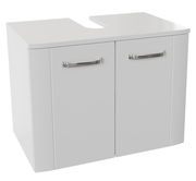 Weißer Waschbeckenunterschrank mit zwei Türen und silbernen Griffen, Vorderansicht