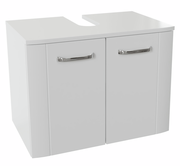 Weißer Waschbeckenunterschrank mit zwei Türen und silbernen Griffen, Vorderansicht