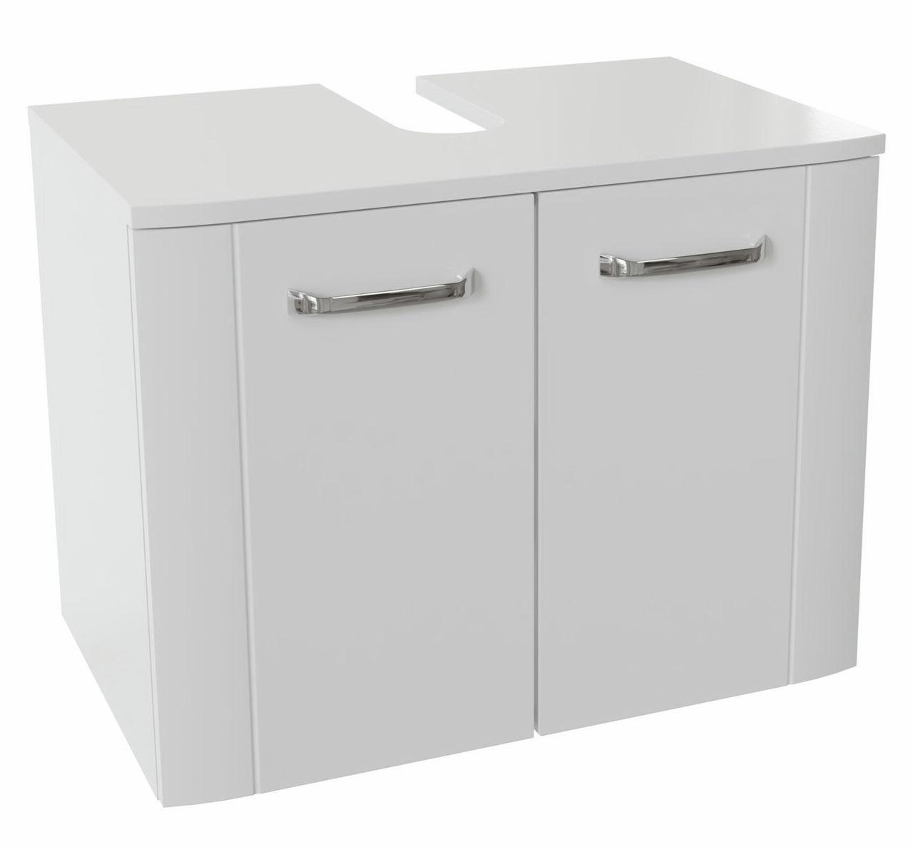 Weißer Waschbeckenunterschrank mit zwei Türen und silbernen Griffen, Vorderansicht