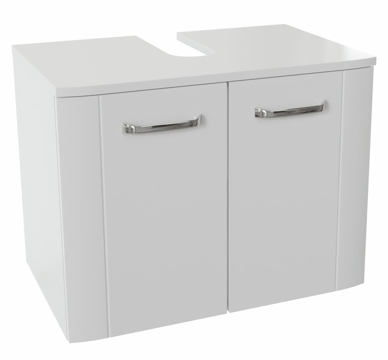 XORA Waschbeckenunterschrank 2-trg. SERIE 3006 Weißer Waschbeckenunterschrank mit zwei Türen und silbernen Griffen, Vorderansicht