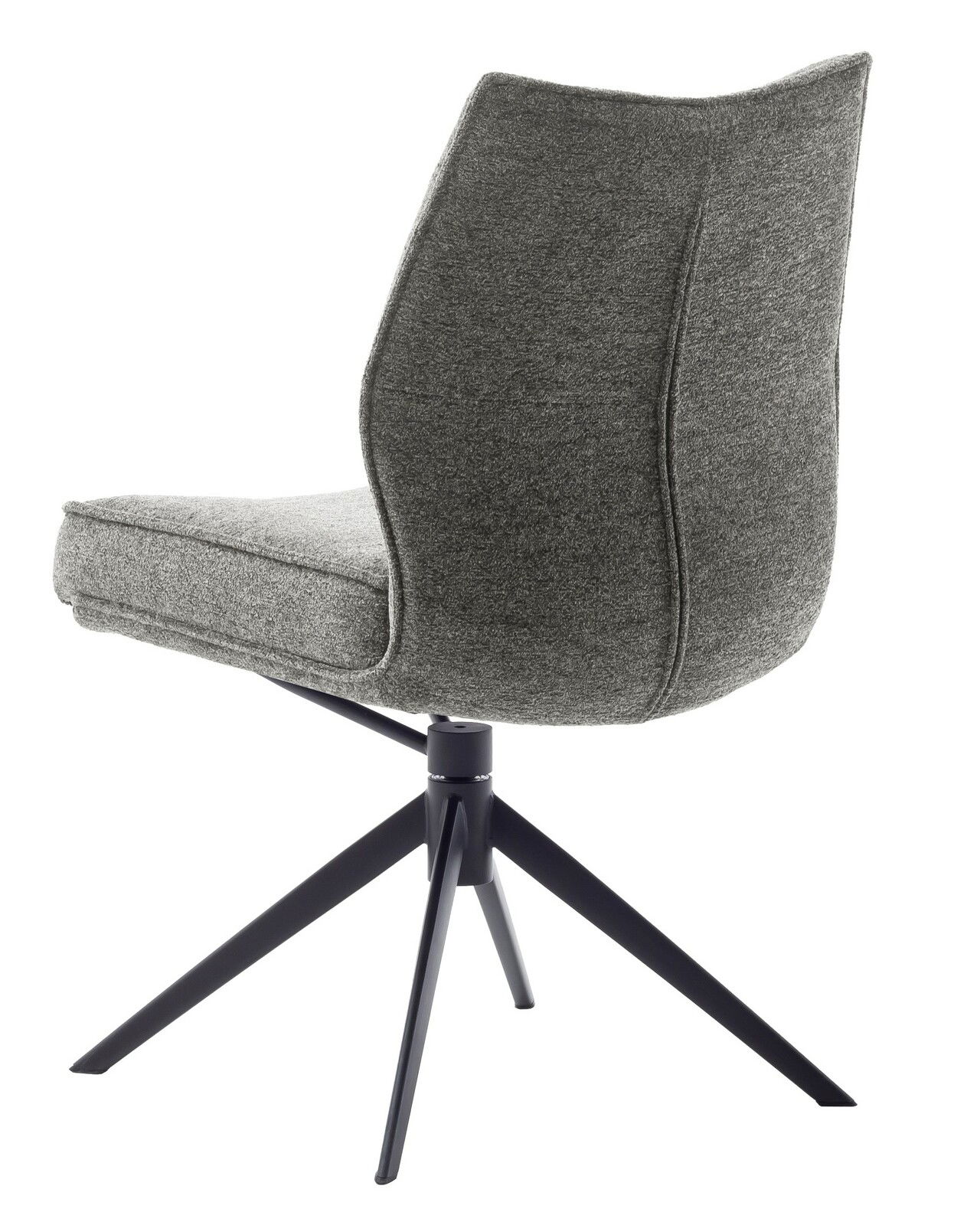 Grauer Stuhl mit Stoffbezug und schwarzem Metallgestell, Rückansicht