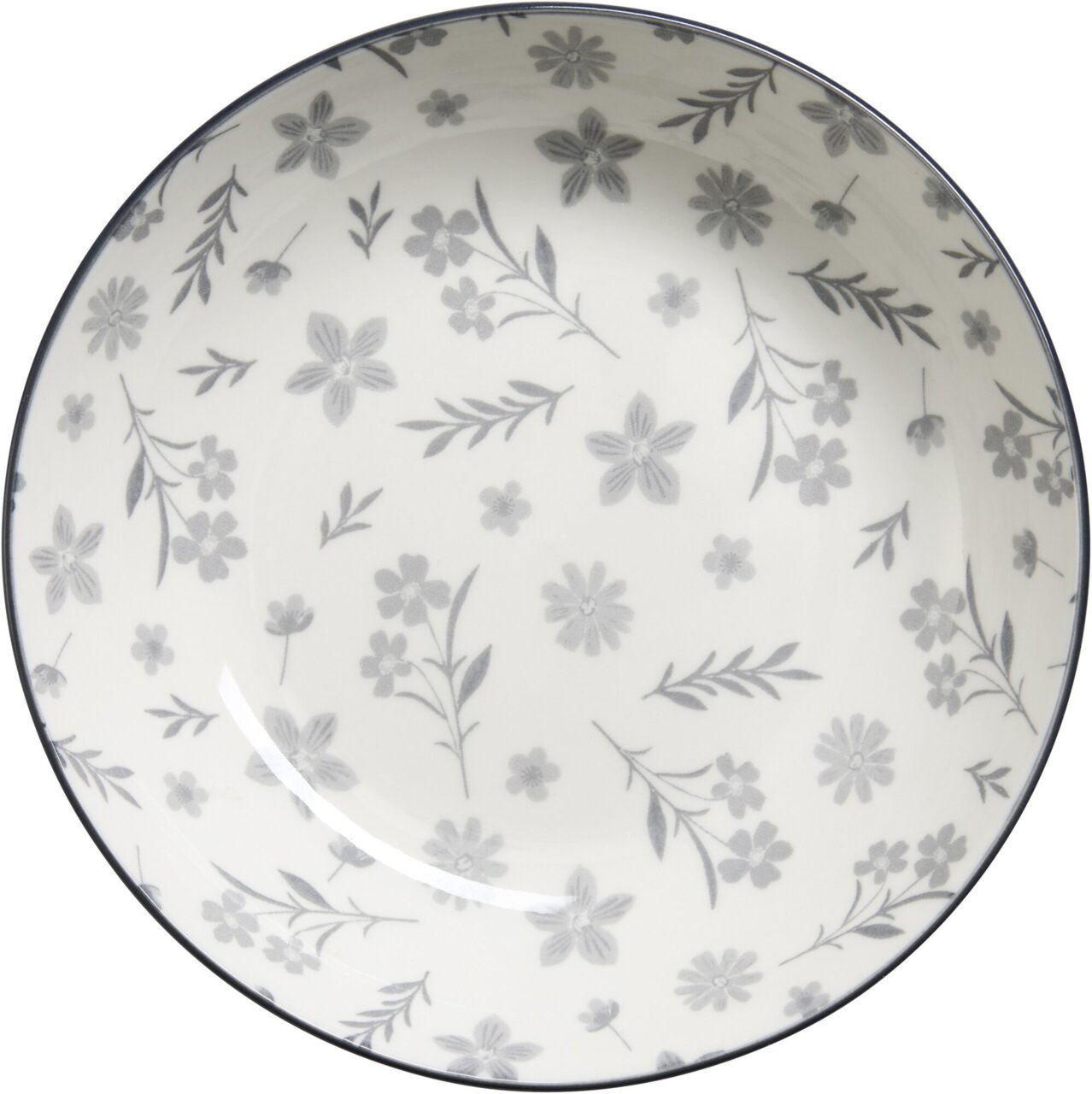 Dessertteller Sendai Blume 21cm mit grauem Blumenmuster, Draufsicht