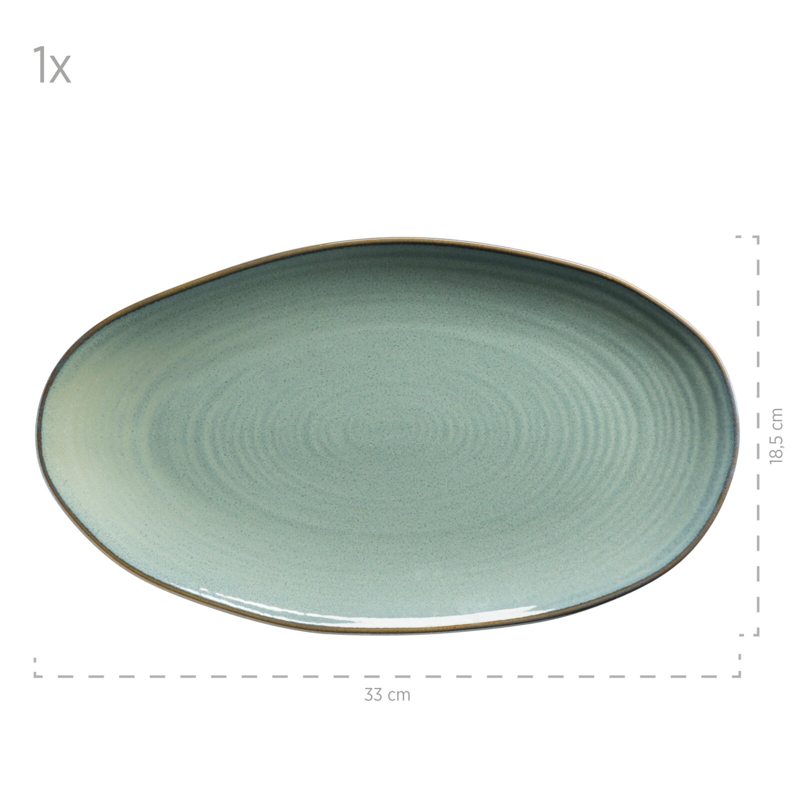 Ovaler Keramik-Servierteller in blaugrüner Glasur mit braunem Rand, ca. 33 x 18,5 cm, Draufsicht von oben