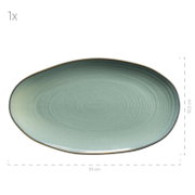 Ovaler Keramik-Servierteller in blaugrüner Glasur mit braunem Rand, ca. 33 x 18,5 cm, Draufsicht von oben