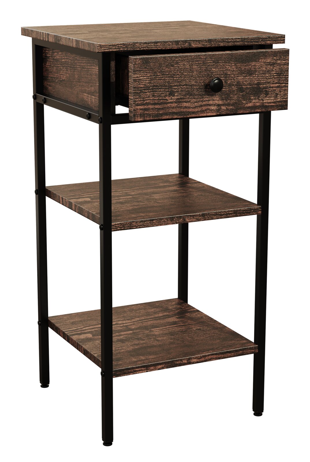VCM Beistelltisch AULARI Schmaler Beistelltisch/Nachttisch im Industrial-Stil mit dunkler Holzoptik, schwarzem Metallgestell, einer Schublade und zwei Ablagen, in schräger Vorderansicht vor weißem Hintergrund