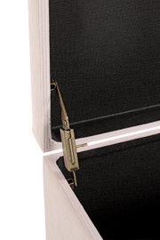 Nahaufnahme aus seitlicher Perspektive auf das geöffnete Holz-Etui mit schwarzem Innenfutter und Messing-Scharnier/Schließmechanik
