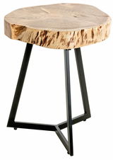 Moderner Beistelltisch mit runder Holzplatte und schwarzem Metallgestell, seitliche Perspektive