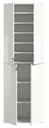 Weiße Garderobenkombination mit mehreren offenen Türen und Regalböden, frontale Ansicht.