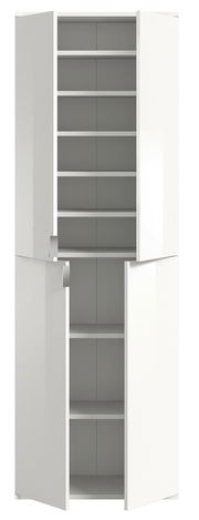 Weiße Garderobenkombination mit mehreren offenen Türen und Regalböden, frontale Ansicht.