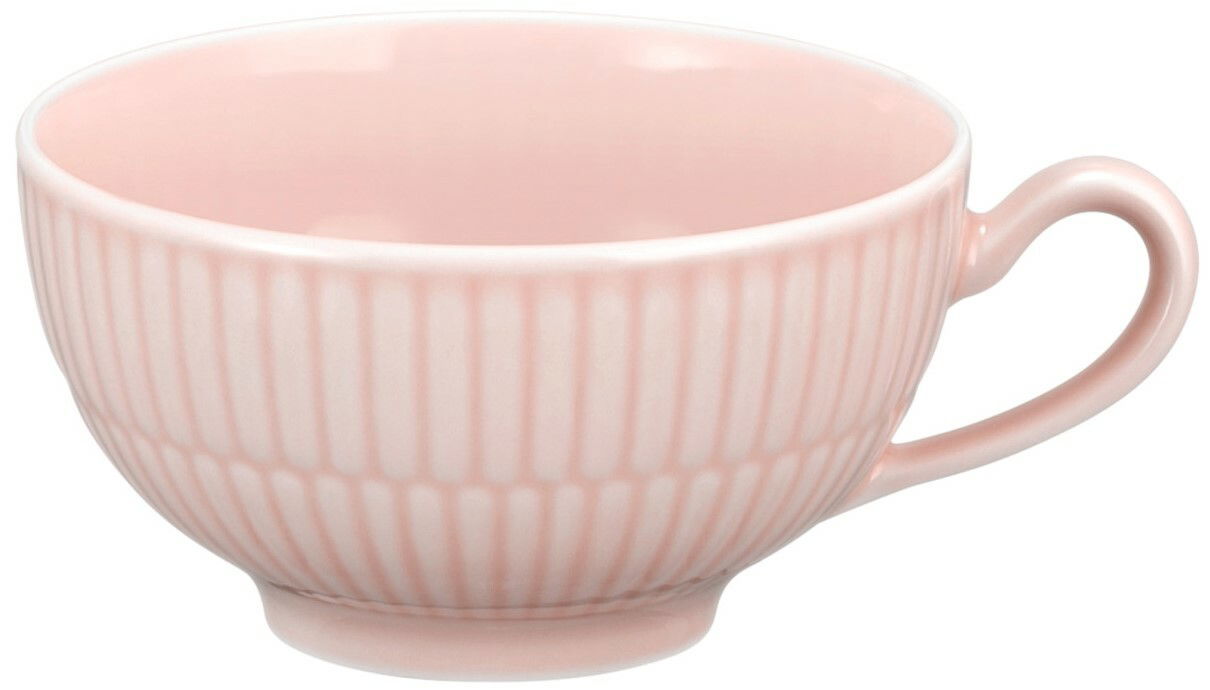 Rosa Teetasse mit geriffeltem Muster und Henkel, seitliche Perspektive