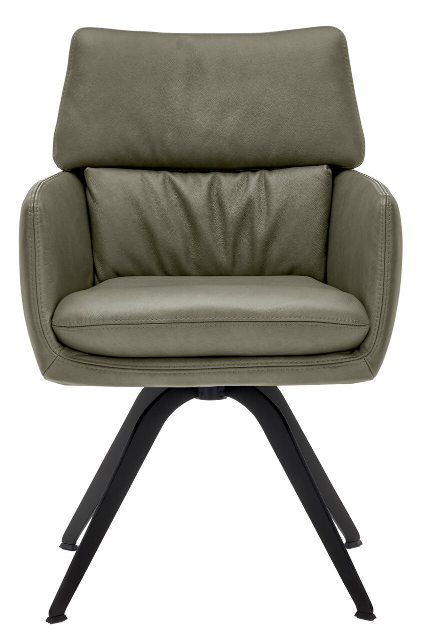 Moderne fauteuil in olijfgroen met een zwart metalen frame, vooraanzicht