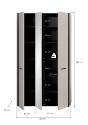 Hoher Kleiderschrank mit drei Türen in Hellgrau/Beige und schwarzem Innenraum, geöffnet mit mehreren Regalböden; Maßgrafik zeigt ca. 190 cm Höhe, 107 cm Breite und 37 cm Tiefe, Frontalansicht.