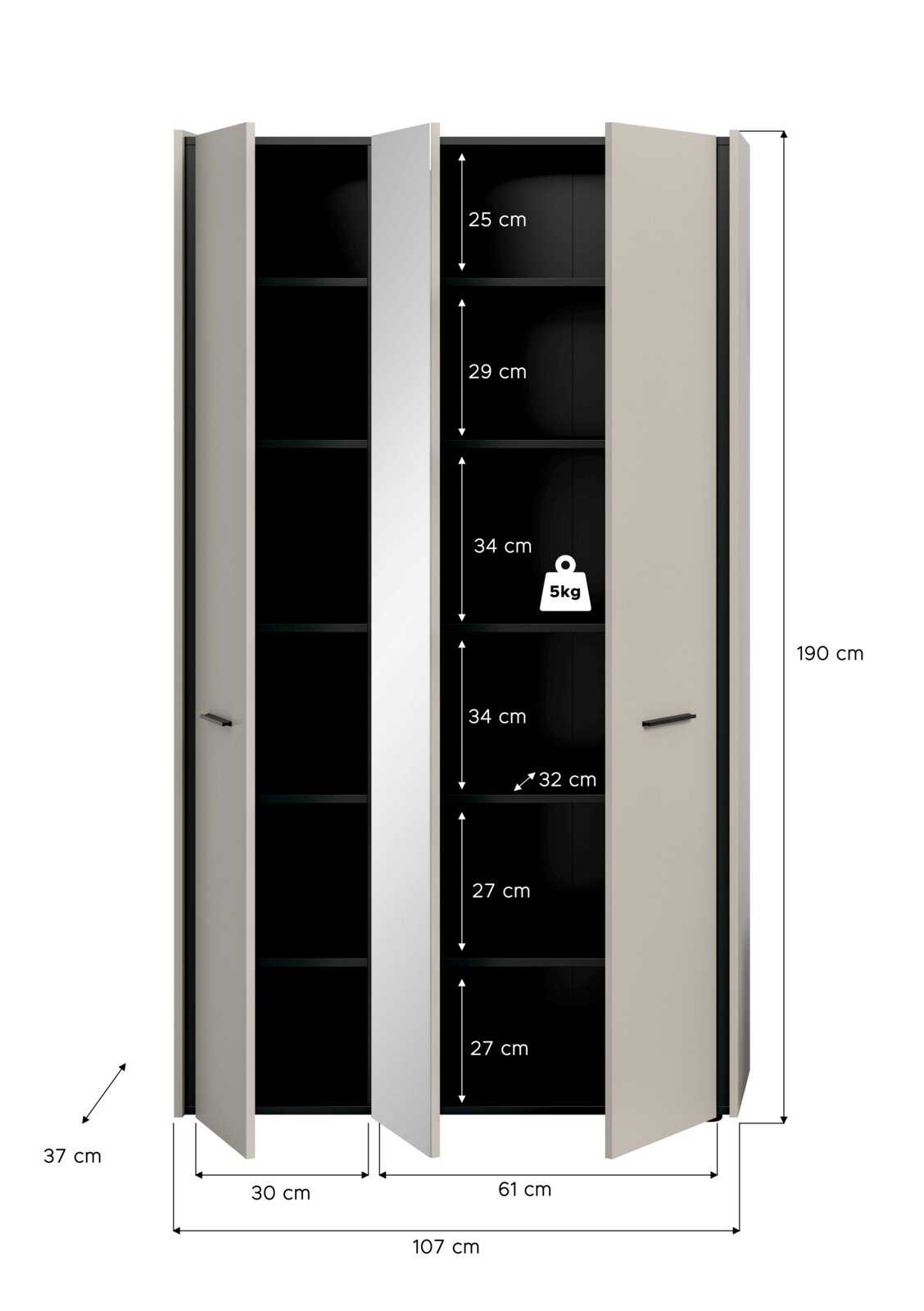 Hoher Kleiderschrank mit drei Türen in Hellgrau/Beige und schwarzem Innenraum, geöffnet mit mehreren Regalböden; Maßgrafik zeigt ca. 190 cm Höhe, 107 cm Breite und 37 cm Tiefe, Frontalansicht.