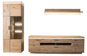 Wohnkombination BARCELONA aus Holz mit Vitrine, TV-Board und Wandregal, frontale Ansicht
