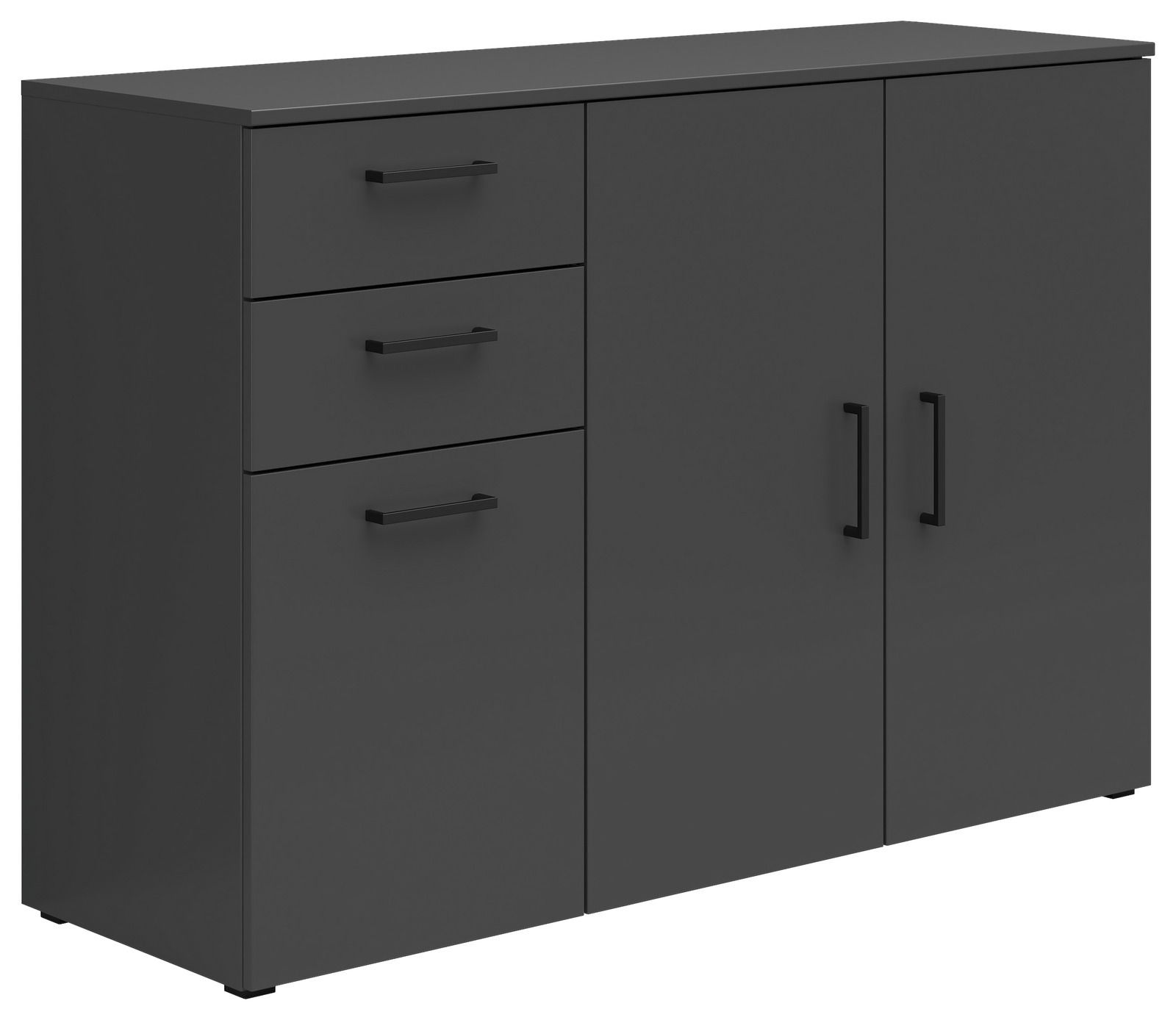 Carryhome Kommode MULTISTAURAUM Schwarze Kommode mit drei Schubladen und zwei Türen, seitliche Perspektive