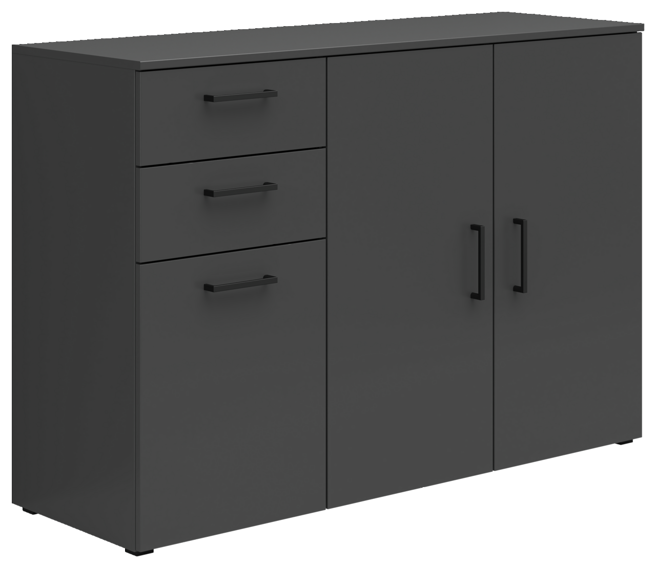 Carryhome Kommode MULTISTAURAUM Schwarze Kommode mit drei Schubladen und zwei Türen, seitliche Perspektive