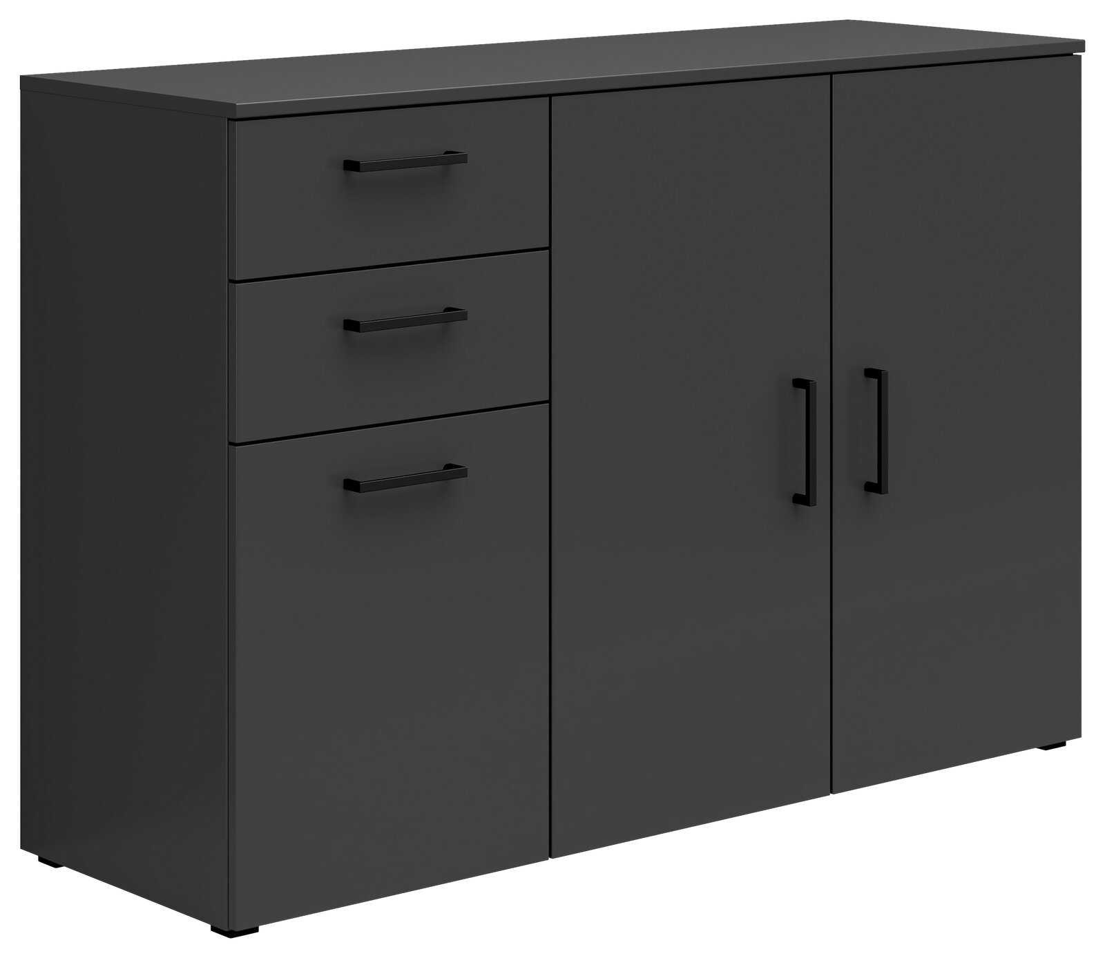 Carryhome Kommode MULTISTAURAUM Schwarze Kommode mit drei Schubladen und zwei Türen, seitliche Perspektive