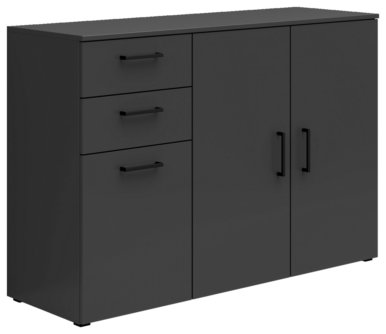 Carryhome Kommode MULTISTAURAUM Schwarze Kommode mit drei Schubladen und zwei Türen, seitliche Perspektive